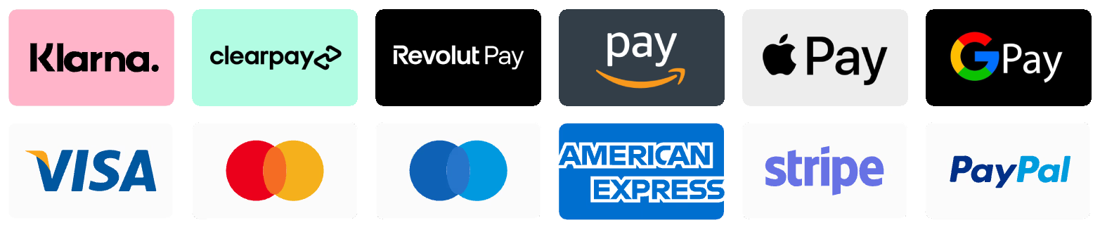 We accept Klarna, Clearpay, Amazon Pay, Google Pay, Apple Pay, Visa, Mastercard, Revolut pay and more