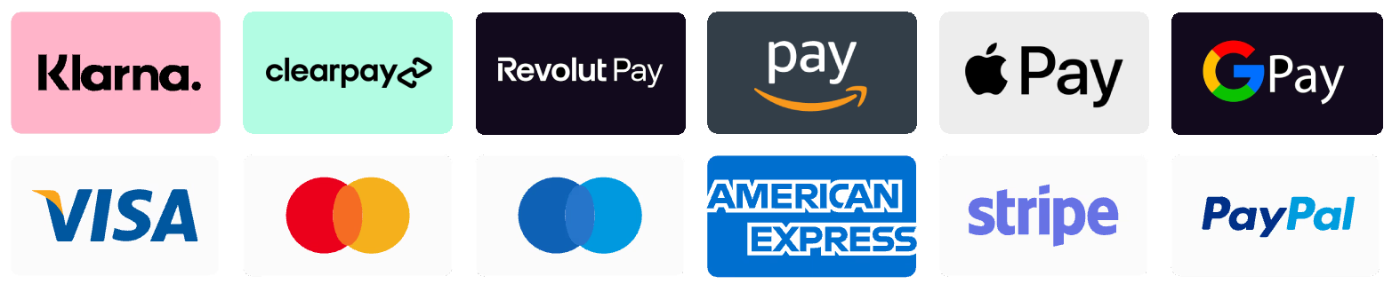 Accepted payment methods including Klarna, Clearpay, Revolut Pay, Amazon Pay, Apple Pay, Google Pay, Visa, Mastercard, Maestro, American Express, Stripe and PayPal